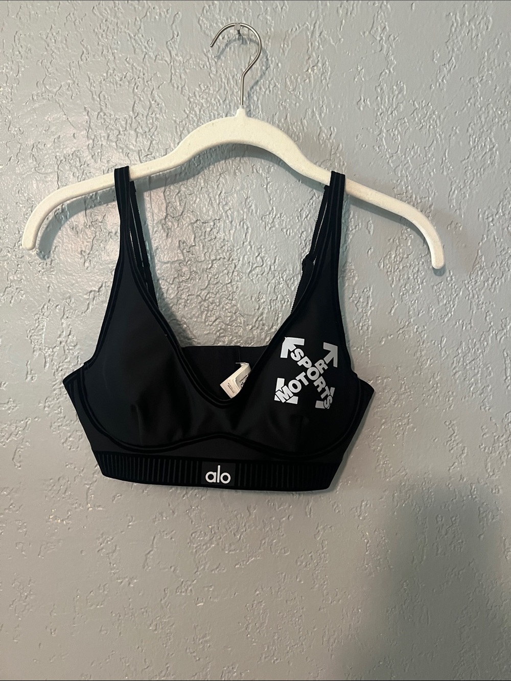 ALO Yoga Black Sports Bra with White Graphic Logo